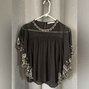 Zara black butterfly style blouse with embroidery on the sleeves and collar XS